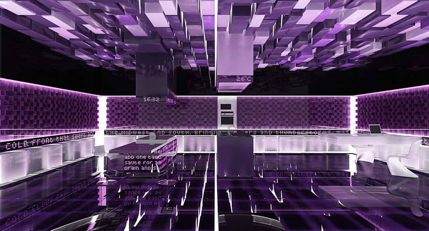 Thiết kế văn phòng tiếp khách dạng công nghệ cao được trang trí bằng trần tường kính gam màu tím