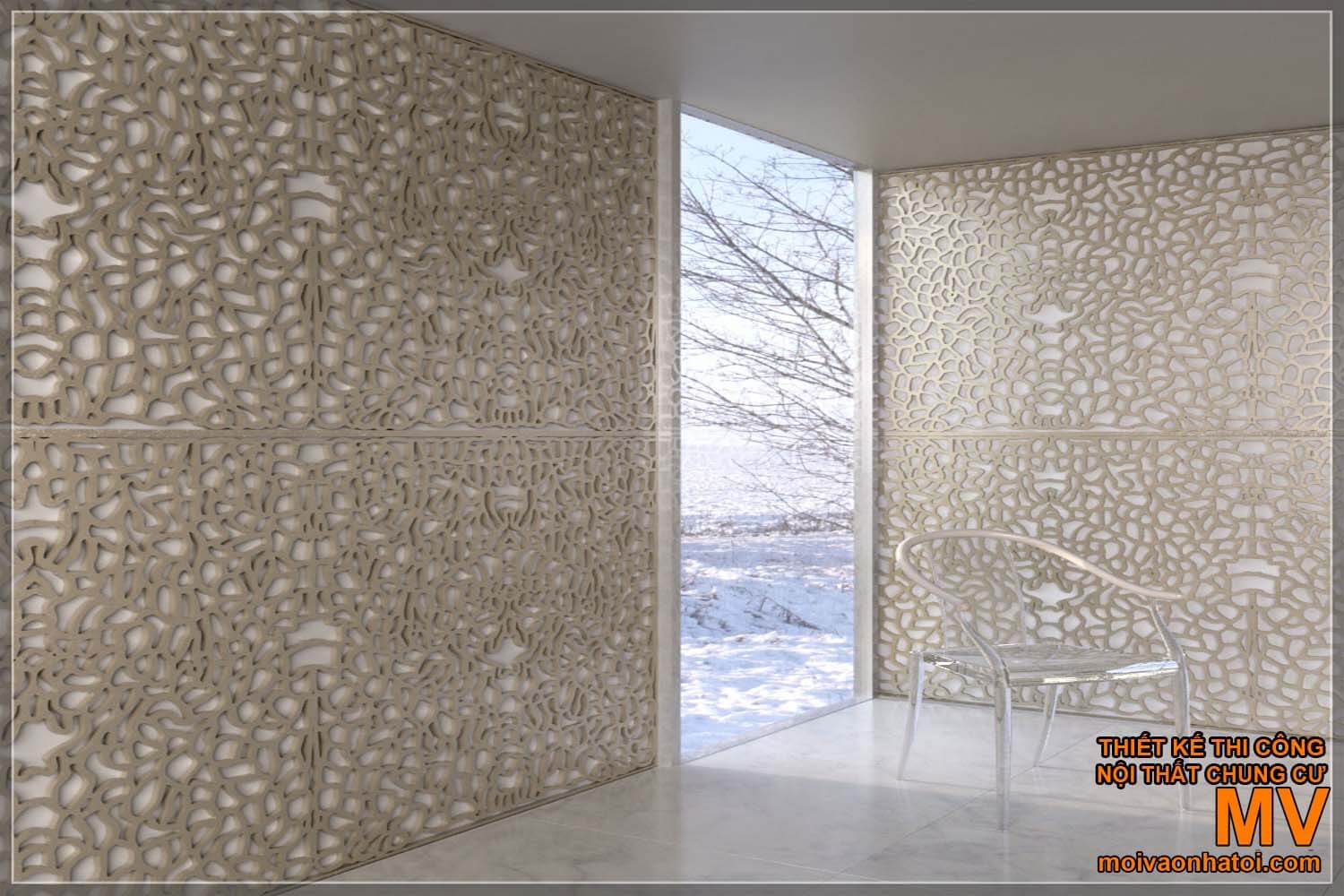 Motif de revêtement mural 3D avec des motifs complexes et beiges.  