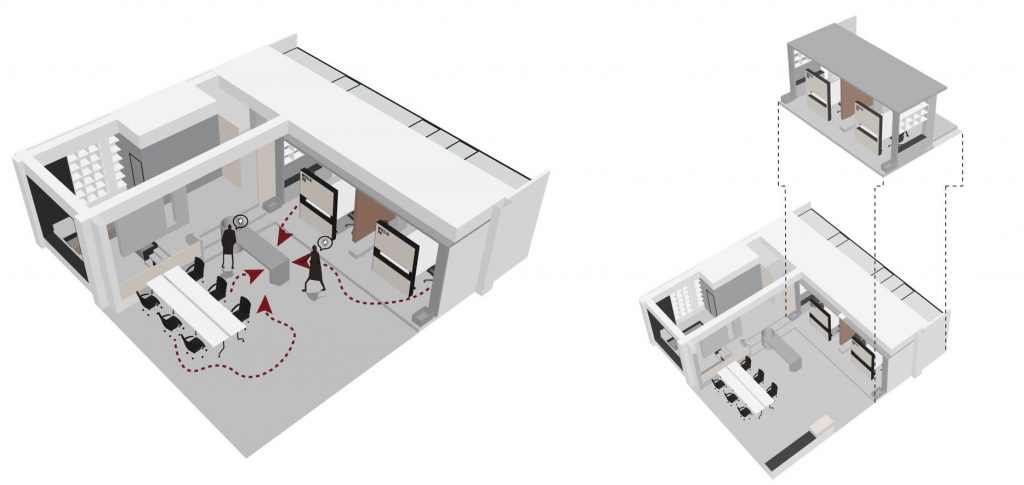 Piano architettonico 3D con bellissimi interni di piccoli uffici