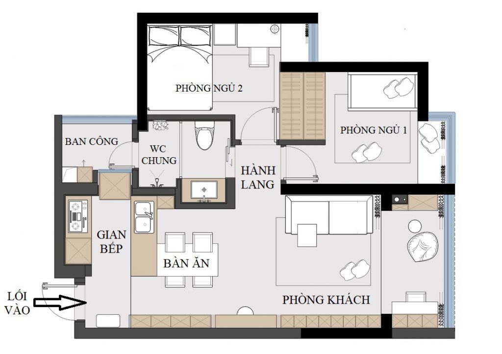 Mặt bằng kiến trúc sau khi cải tạo căn hộ gồm 2 phòng ngủ, 1 nhà vệ sinh chung, 1 ban công, 1 bếp, bàn ăn và phòng khách.
