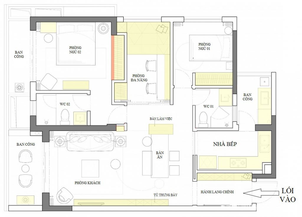 Mặt bằng kiến trúc căn hộ được phân chia các không gian sinh hoạt khoa học sử dụng gạch bóng kiếng