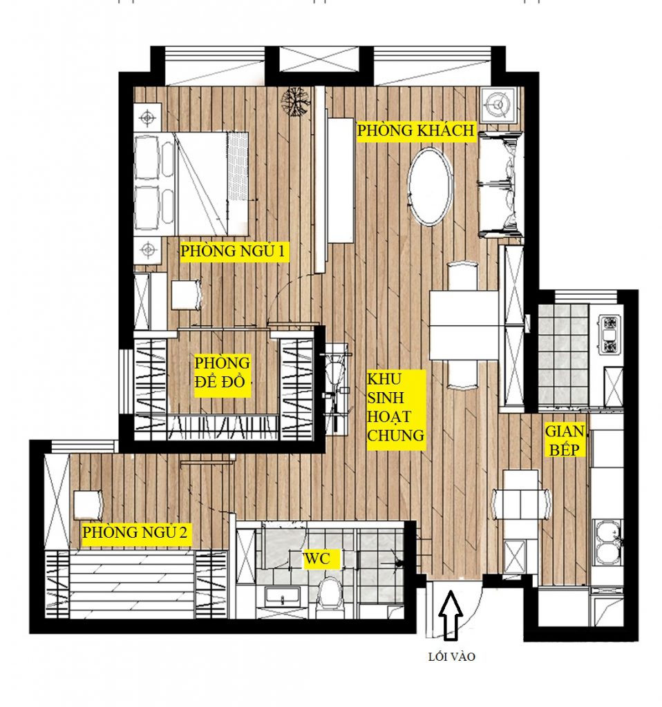 Mặt bằng kiến trúc của căn hộ có thiết kế đồ nội thất thông minh gồm có 2 phòng ngủ, 1 phòng để đồ, 1 phòng khách cùng không gian sinh hoạt chung, 1 nhà vệ sinh và 1 gian bếp.