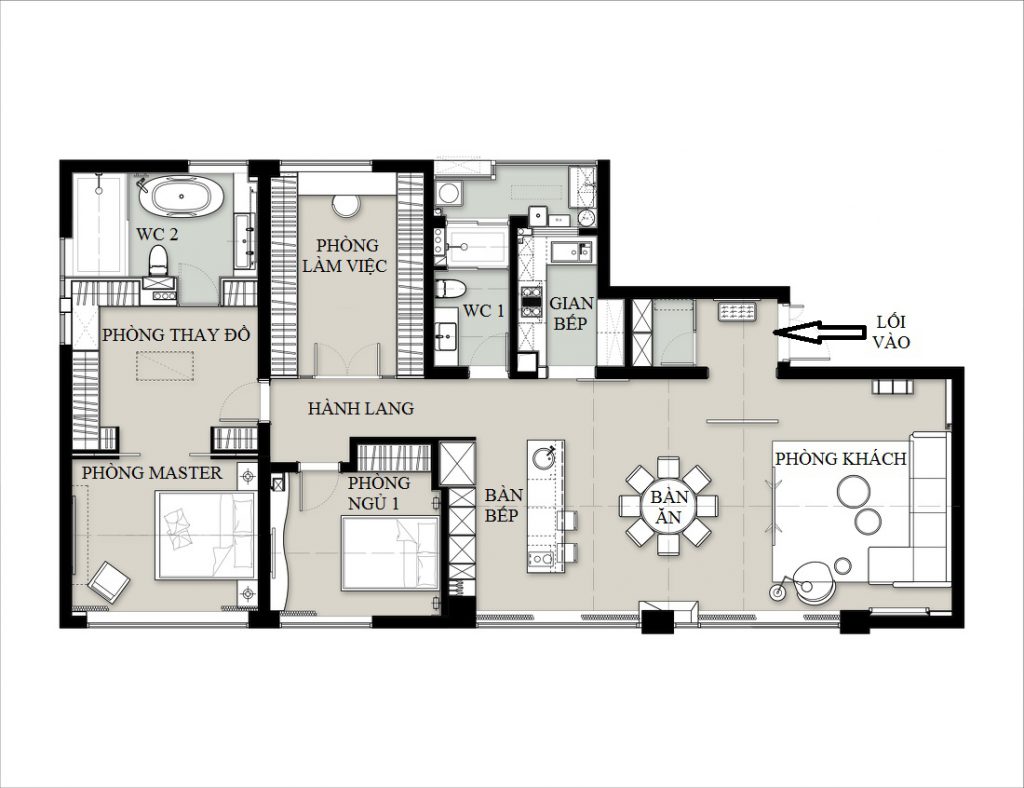 북유럽 가구와 분리 된 아파트 건물의 건축 계획, 침실 2 개, 화장실 2 개, 공동 생활 공간