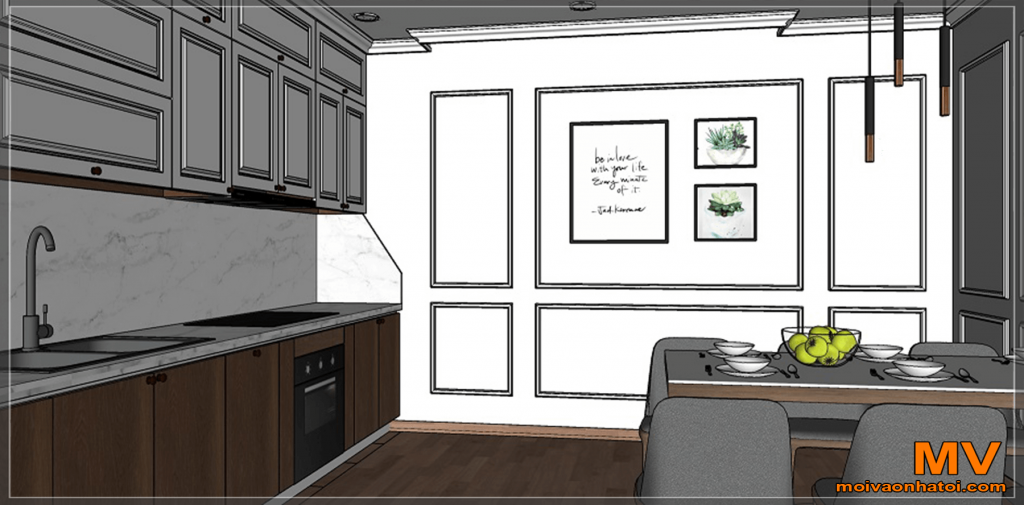 Interior design neoclassico della cucina per casa a schiera