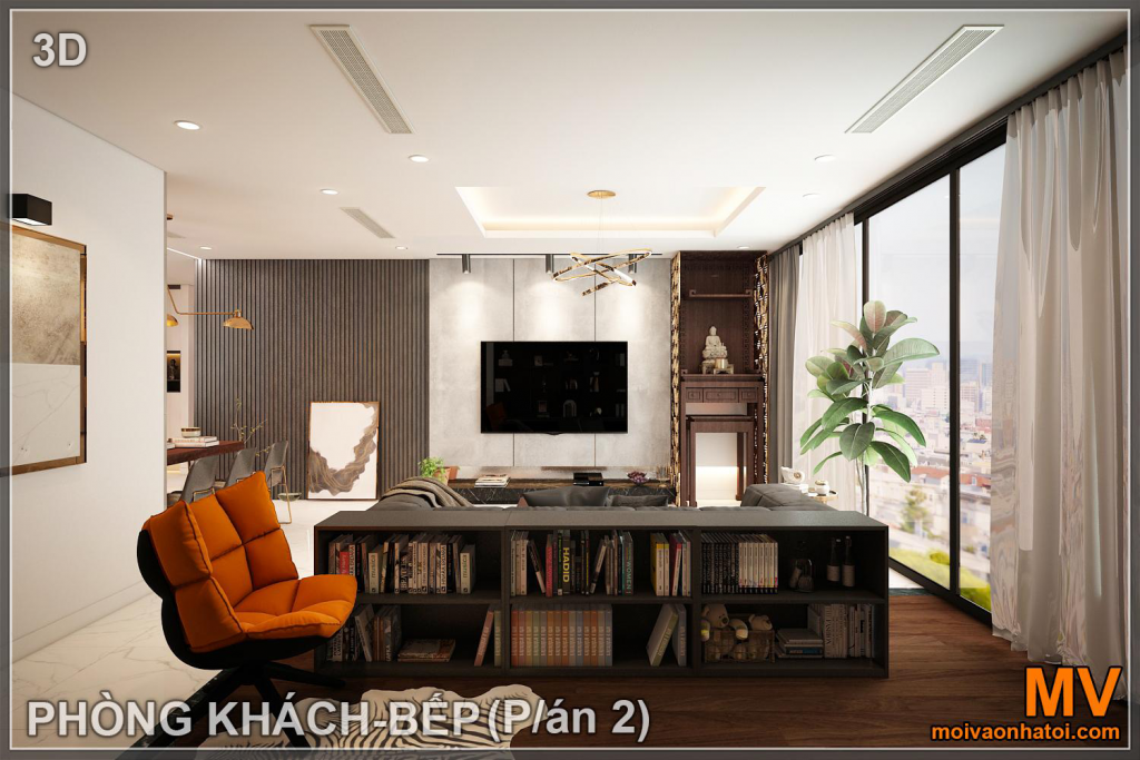 Design interiéru obývacího pokoje v městském bytě na slunci