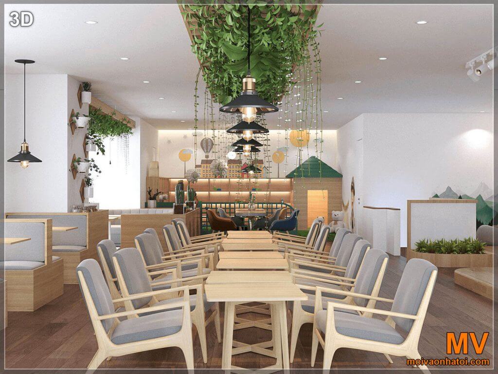 緑の木のカフェのバーブリッジを見ている3D画像