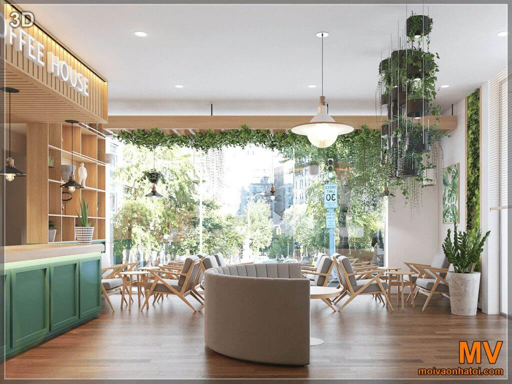 Desain 3D dari sudut kanan ke kedai kopi Hanoi