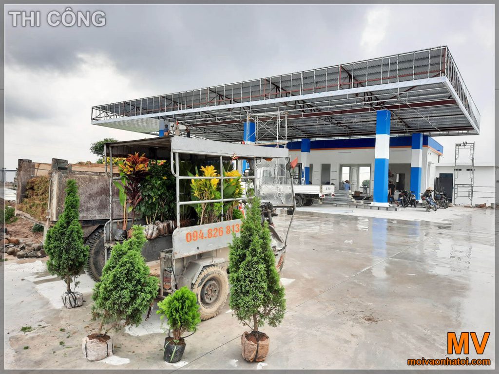 Construction of petrol stations with ornamental plants decoration