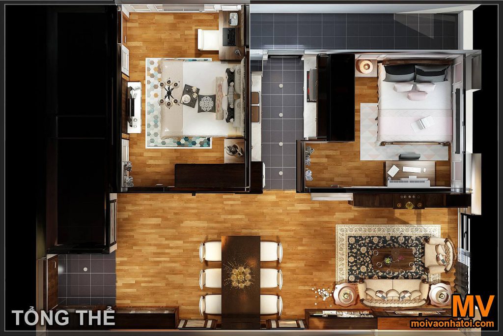 keseluruhan desain interior apartemen dengan pemandangan ecolake