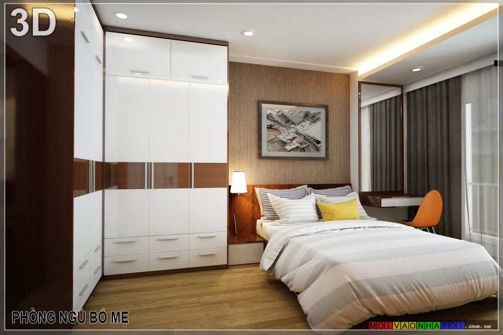 การออกแบบ 3D ของห้องนอนของอพาร์ทเมนต์ Nguyen Van Cu
