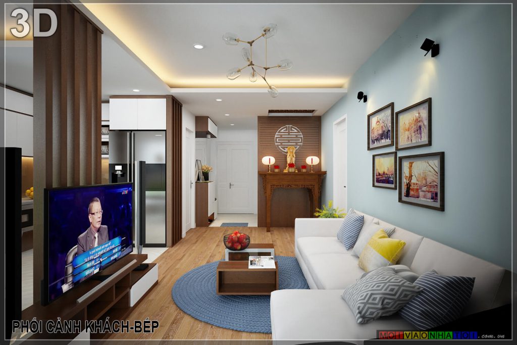 Desain 3D ruang tamu gedung apartemen Nguyen Van Cu