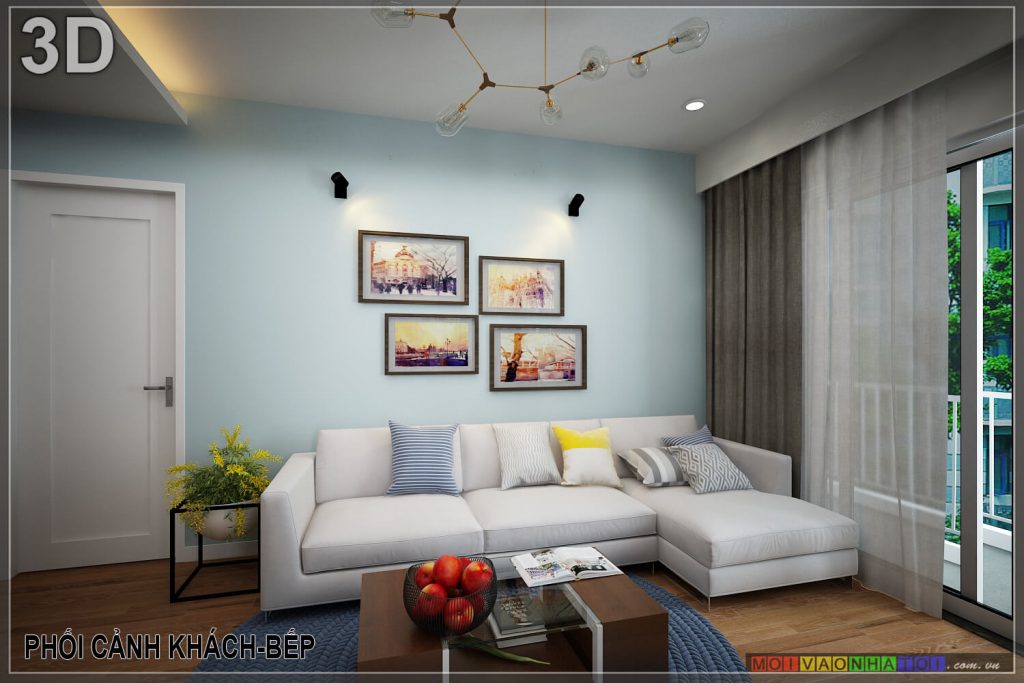 Desenho 3D da sala de estar do prédio de apartamentos Nguyen Van Cu