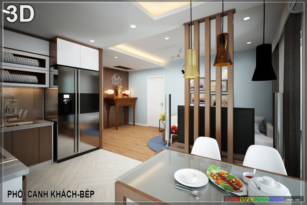 ห้องครัวออกแบบ 3 มิติของอาคารอพาร์ตเมนต์ Nguyen Van Cu