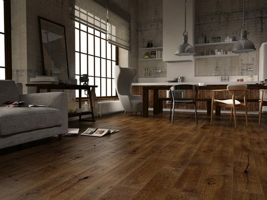 Principi di interior design con pavimenti in legno scuro