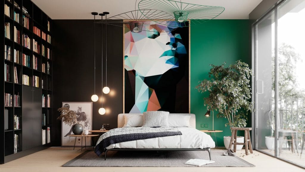 thiết kế phòng ngủ sang trọng với màu đen và xanh lá
