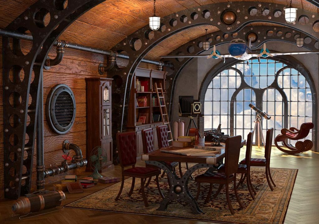 design della sala da pranzo in stile steampunk 