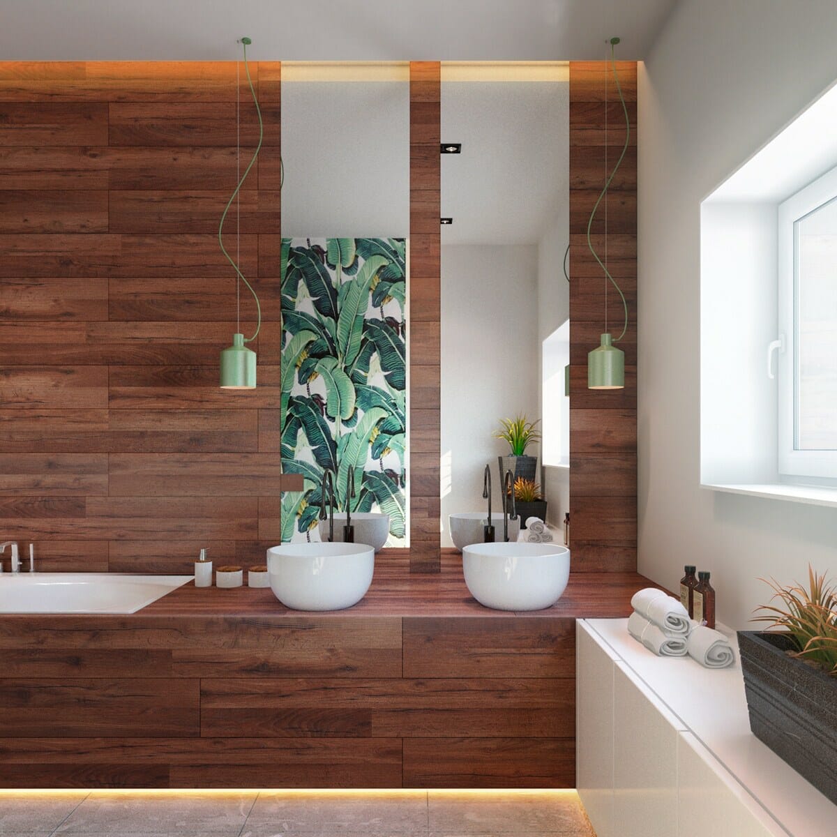 дизайн ванной комнаты с деревянными панелями