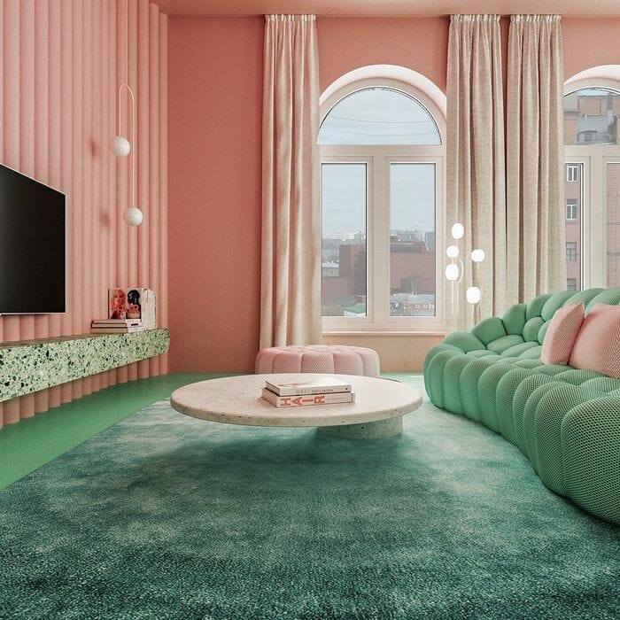 thiết kế phòng khách màu xanh và hồng