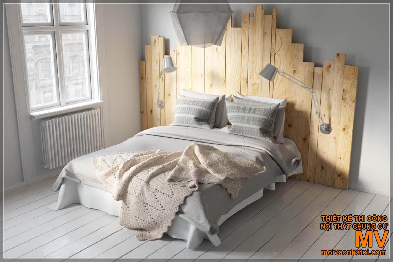 การออกแบบห้องนอน - เตียงสแกนดิเนเวียนที่ตกแต่ง